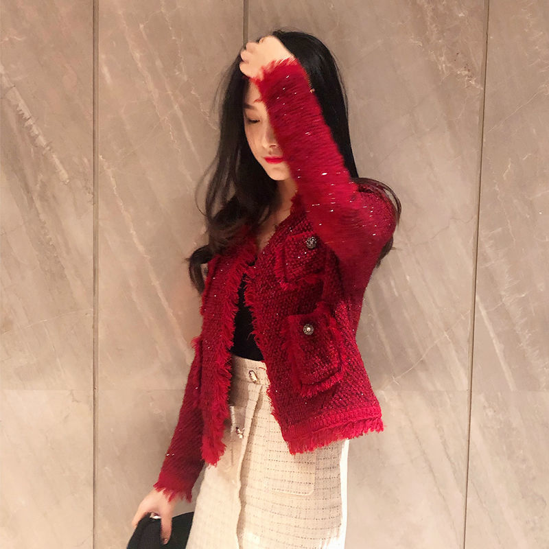 小香风外套女2023年新款春季潮网红韩版车厘子短款流苏针织开衫女
