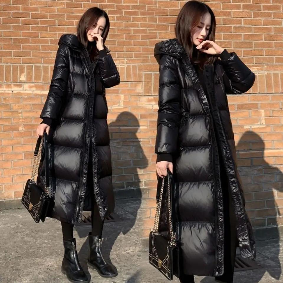 江红羽绒服2023新款黑色羽绒服韩版长款亮面羽绒服女加厚修身羽