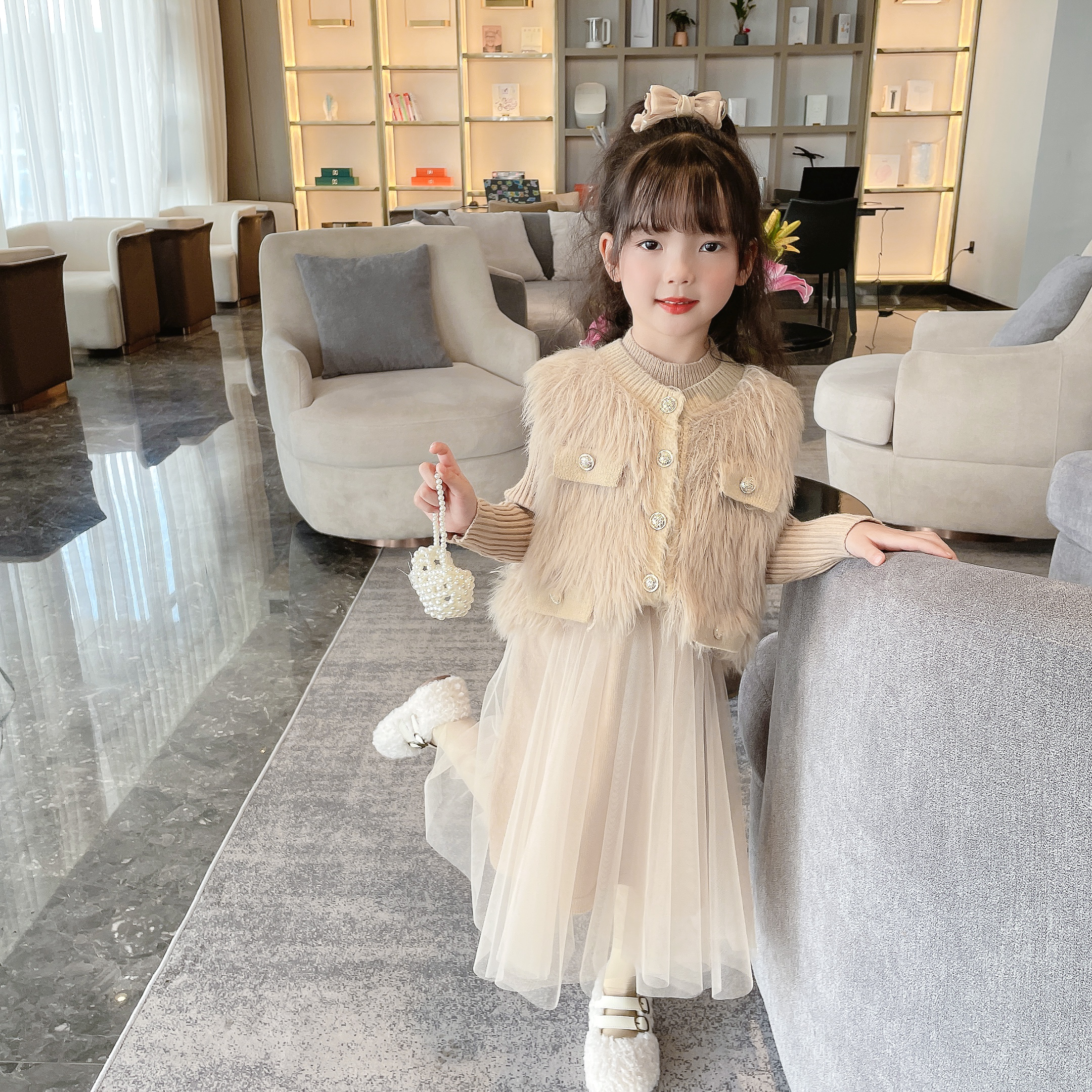 【现货】2023女童洋气毛毛马甲连衣裙2件套气质高级感套装