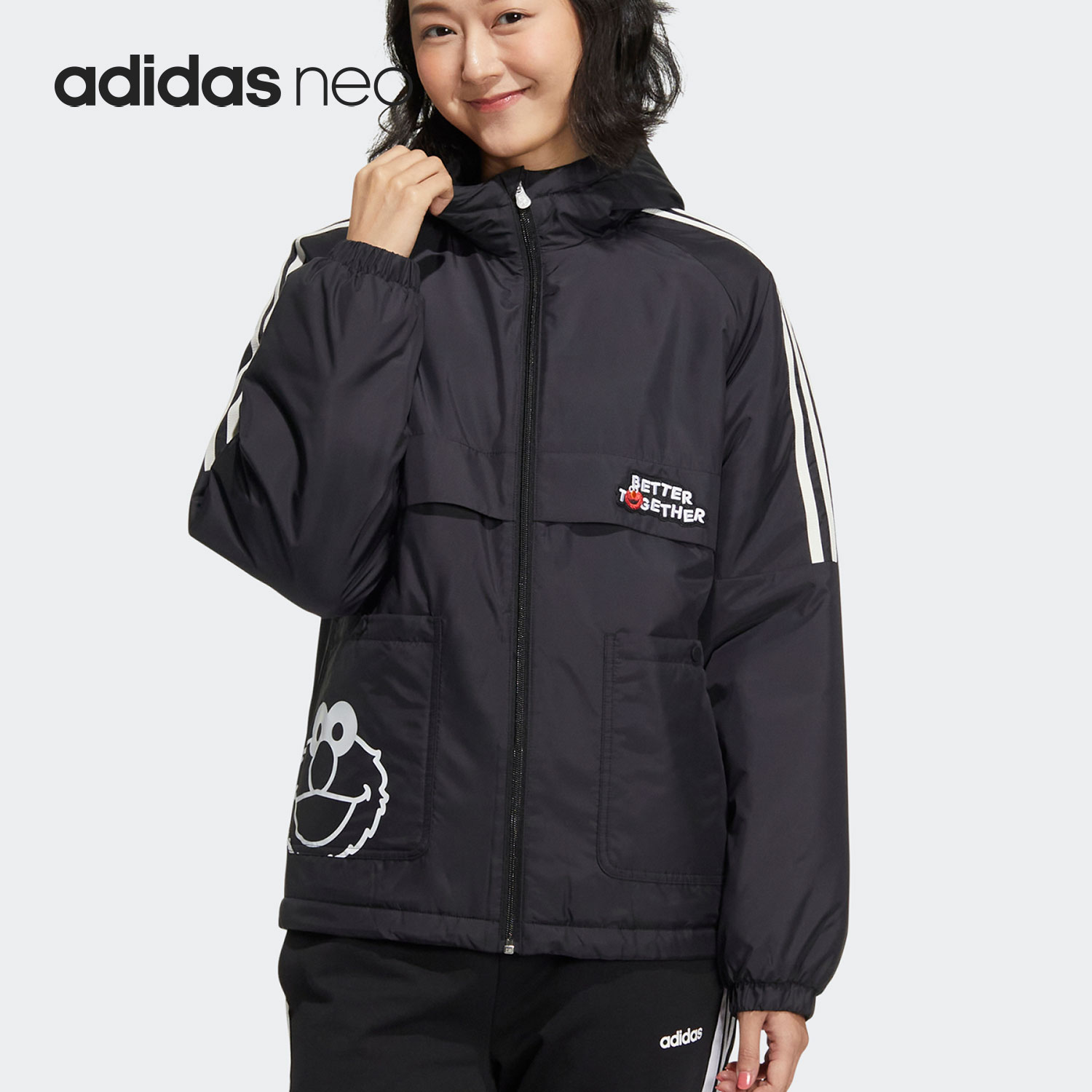 Adidas/阿迪达斯秋季新款女款芝麻街联名运动宽松棉服外套 HM7478