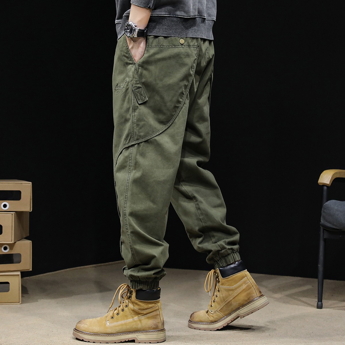 2023秋冬新款军色工装裤子男美式潮牌束脚宽松大码男士哈伦休闲裤