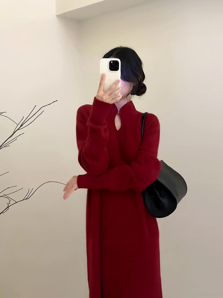 秋冬季新款气质中长裙名媛女神范新中式国风端庄大气红色连衣裙女