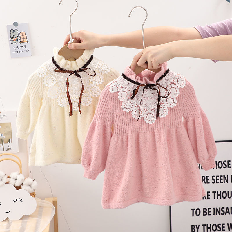 2023秋冬新款女童毛衣连衣裙上衣裙纯色可爱蝴蝶结0-4岁宝宝保暖