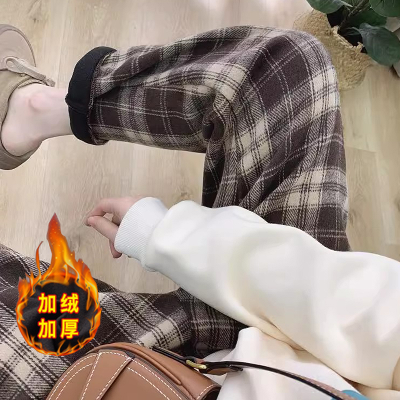 孕妇复古加绒格子休闲裤女冬季新款韩版宽松阔腿裤显瘦萝卜裤保暖