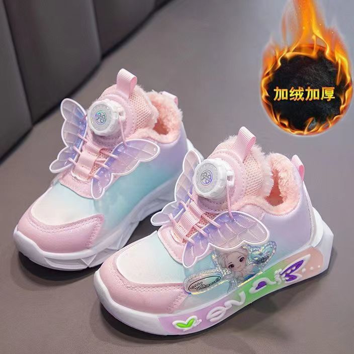 女童鞋子冬季新款运动鞋旋转扣儿童加绒保暖蝴蝶结软底防滑老爹鞋