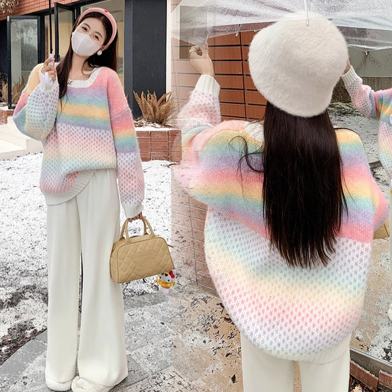 秋冬新款孕妇套装多巴胺彩虹条韩系百搭时尚毛衣托腹阔腿裤两件套