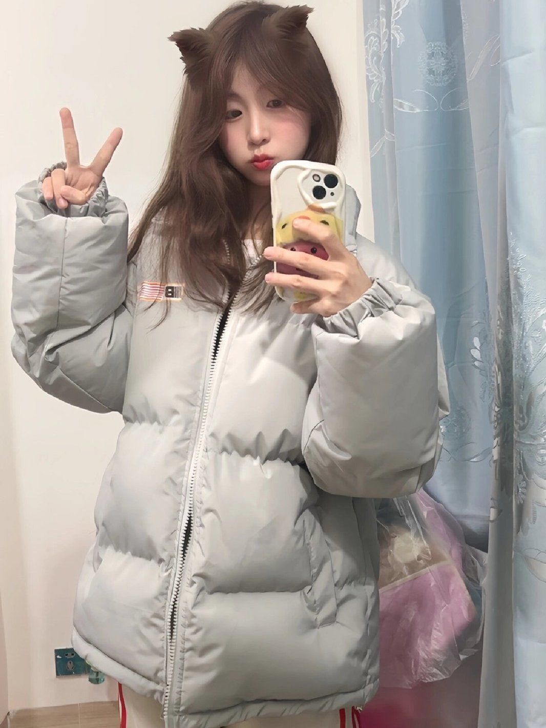 韩系休闲小众气质棉服外套女冬季新款学生潮流旗帜印花保暖面包服