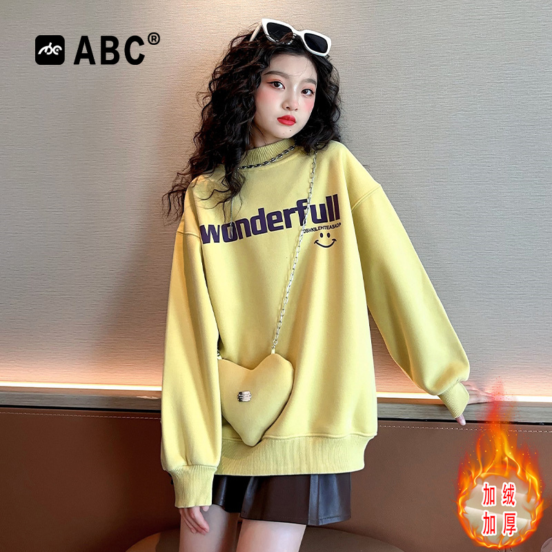 ABC女童加绒圆领厚棉T秋冬2023新款女大童冬季长袖潮儿童加厚上衣