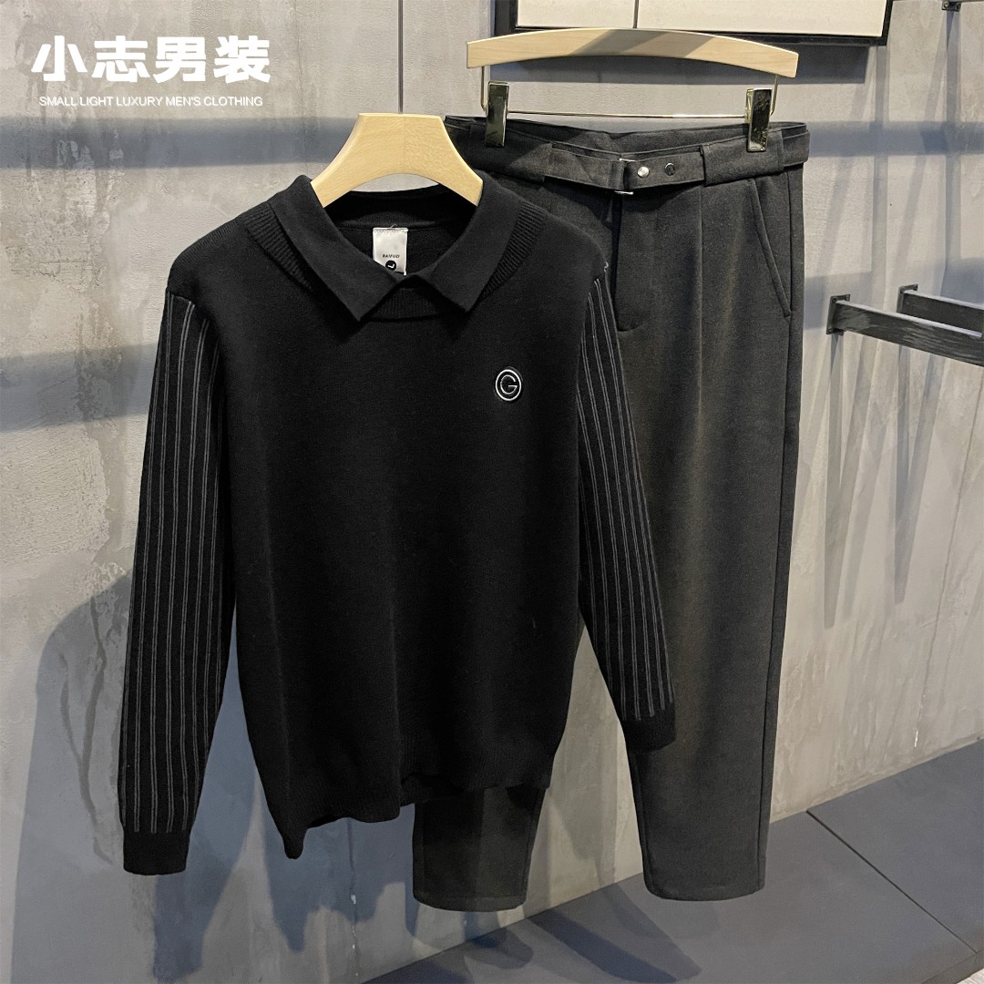 【断码五折】拼接翻领假两件毛衣轻熟风气质外穿版修身针织上衣男