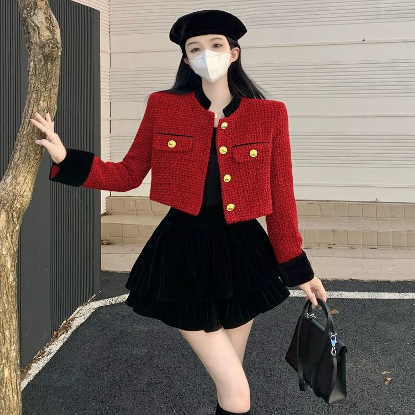 小香风短款撞色拼接毛呢外套秋冬2023新款设计感洋气呢子上衣女装