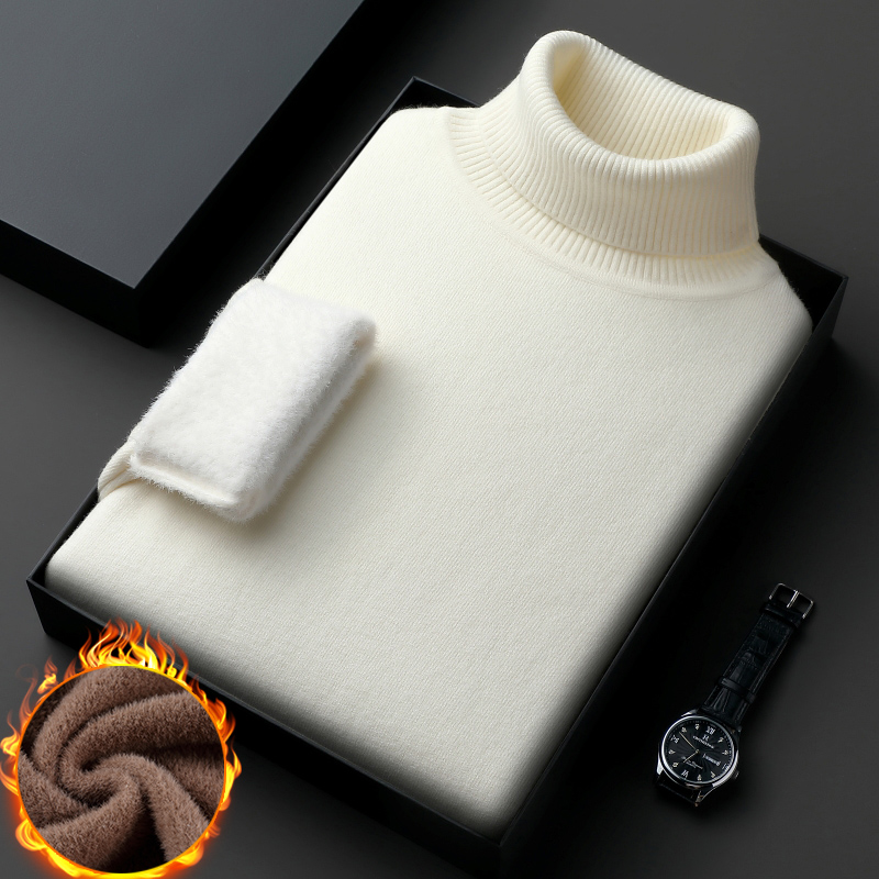 秋冬季新款纯山羊毛衫男可翻修身加厚款针织鄂尔都斯市冬季纯色