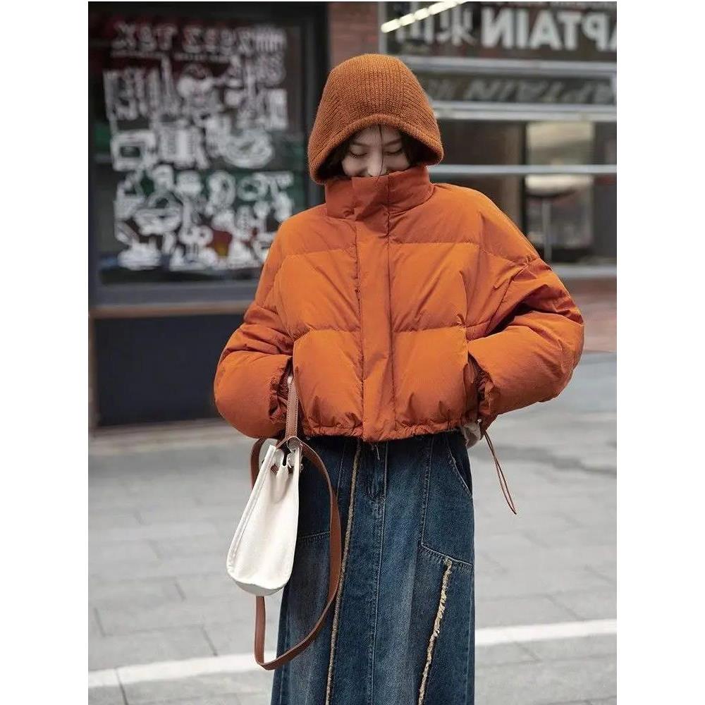 江红橙橘色2023冬季韩系穿搭羽小服袄加厚轻薄短外套女韩系高级感