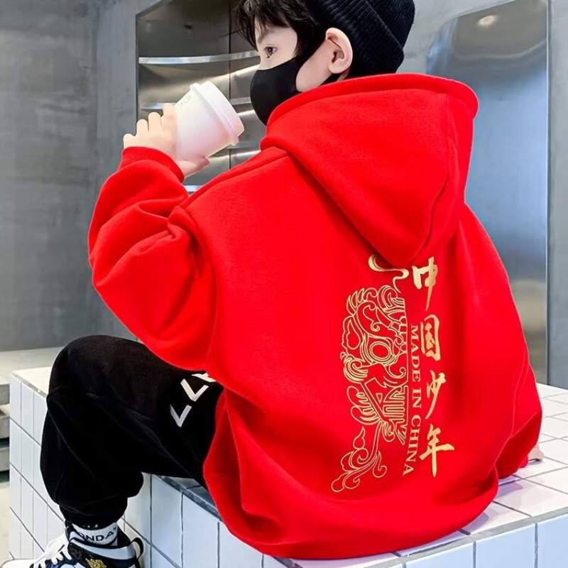 儿童装男童卫衣一体加绒秋冬季龙年新款中大童男孩本命年红色上衣