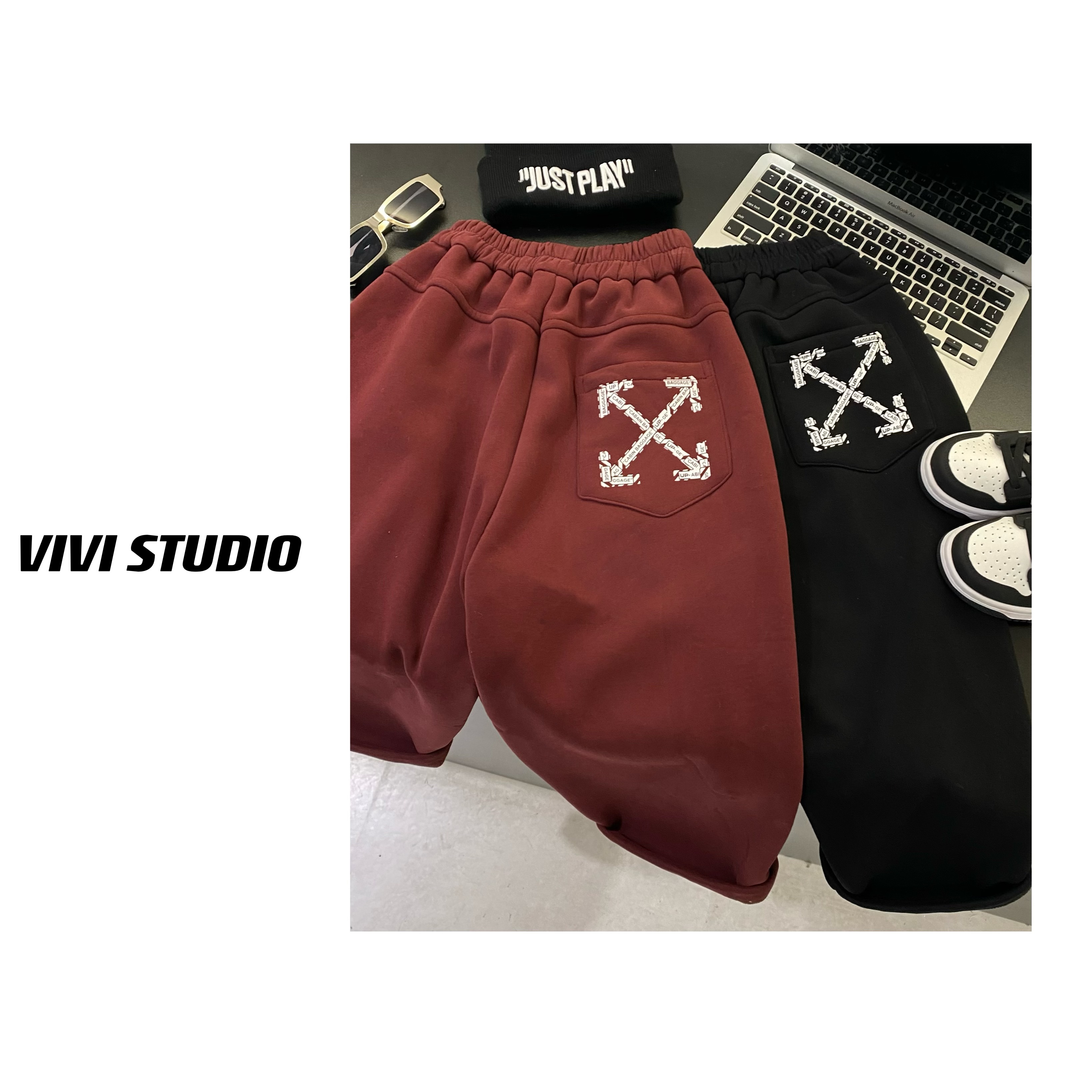 VIVI off潮牌2023冬款童装口袋印花logo宽松加绒休闲卫裤长裤