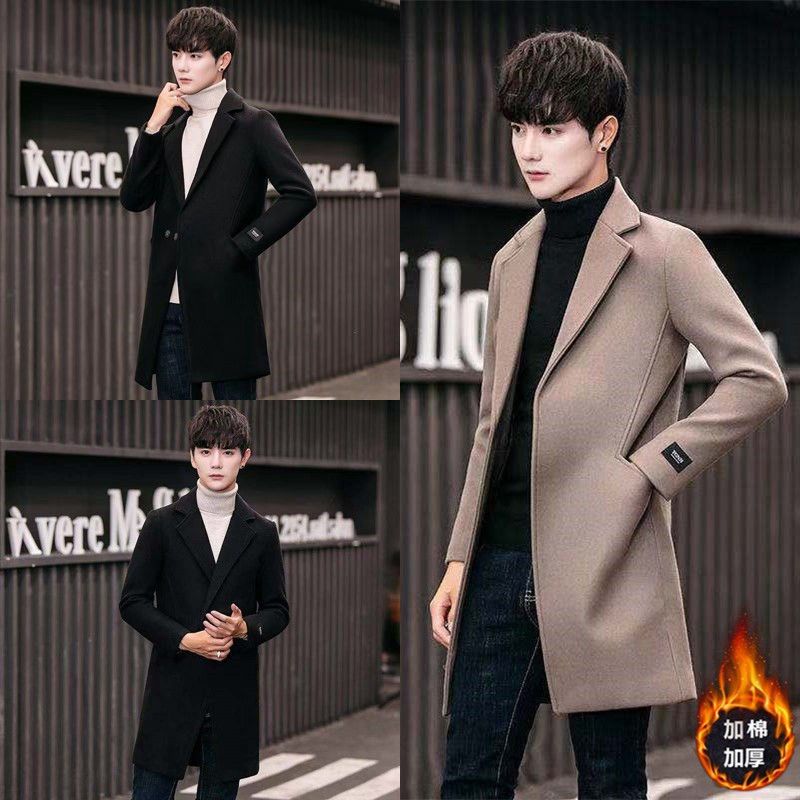 毛呢大衣男中长款潮流韩版修身新款冬季呢子外套男士风衣加棉加厚