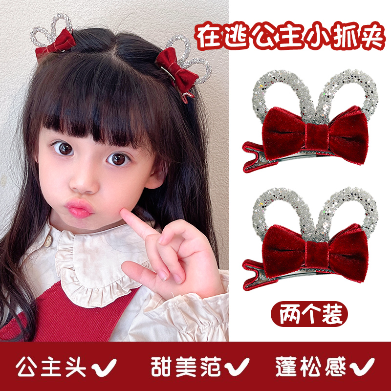 女童过年发夹红色女宝头花发饰中国风儿童新年红色蝴蝶结发夹