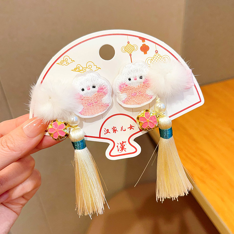 拜年发卡女童发饰儿童新年发夹女孩古风毛绒流苏对夹粉色兔子喜庆