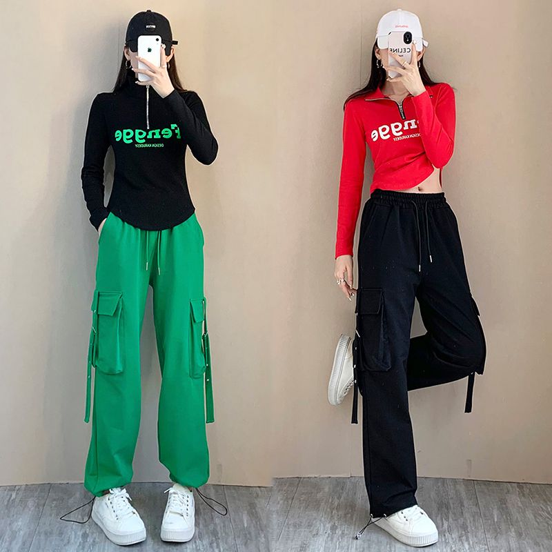 洋气工装裤女套装2023曳舞服装新款帅气宽松飘带裤广场舞跳舞服装