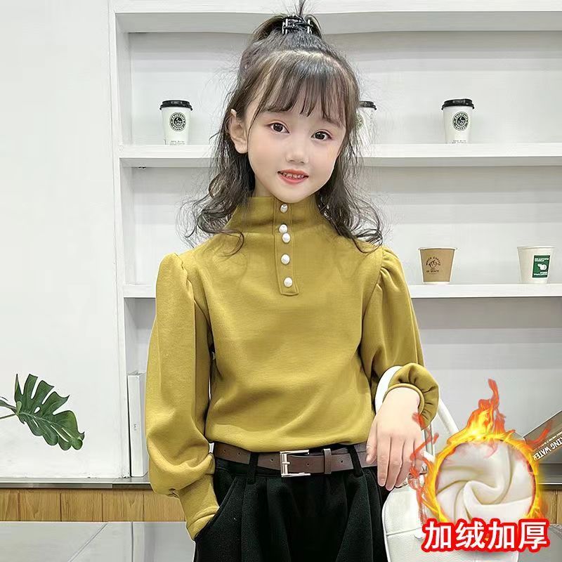 女童打底衫加绒加厚秋冬装2023新款洋气儿童设计感泡泡袖时尚上衣