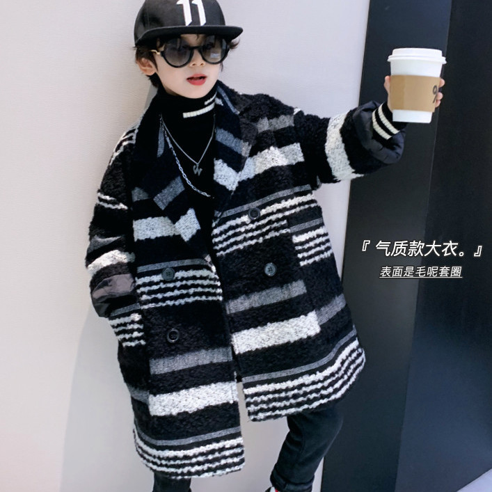 儿童加棉大衣外套男童新款韩版复古拼色长袖呢子宽松中长冬季新款