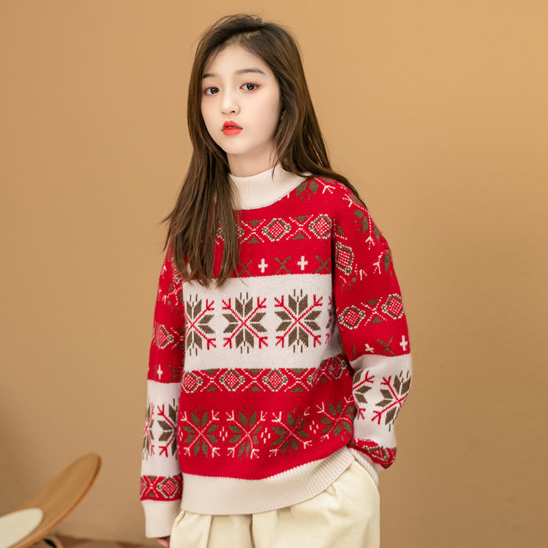 巴拉拉吧女童毛衣2024新款中大童红色加厚针织上衣洋气新年宽松儿
