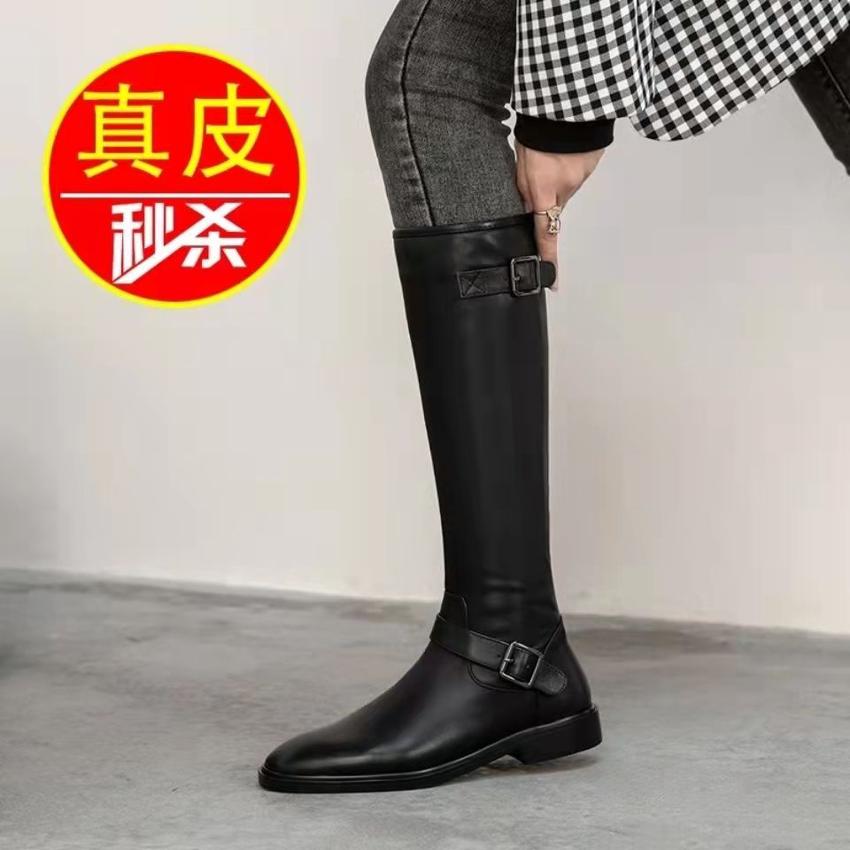达芙妮正品不过膝长筒靴女2023年秋冬新款高筒长靴黑色平底骑士靴