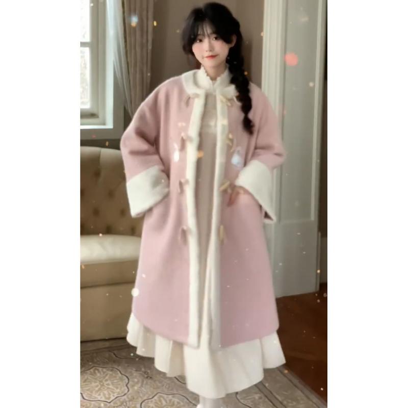 冬季套装女2023新款纯欲超仙加厚拼接长款外套甜美修身气质连衣裙