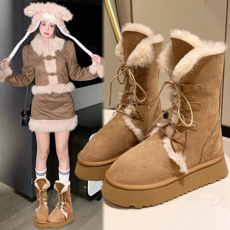 意尓康公主系带两穿雪地靴女2023年冬季新款厚底中筒加绒加厚棉靴