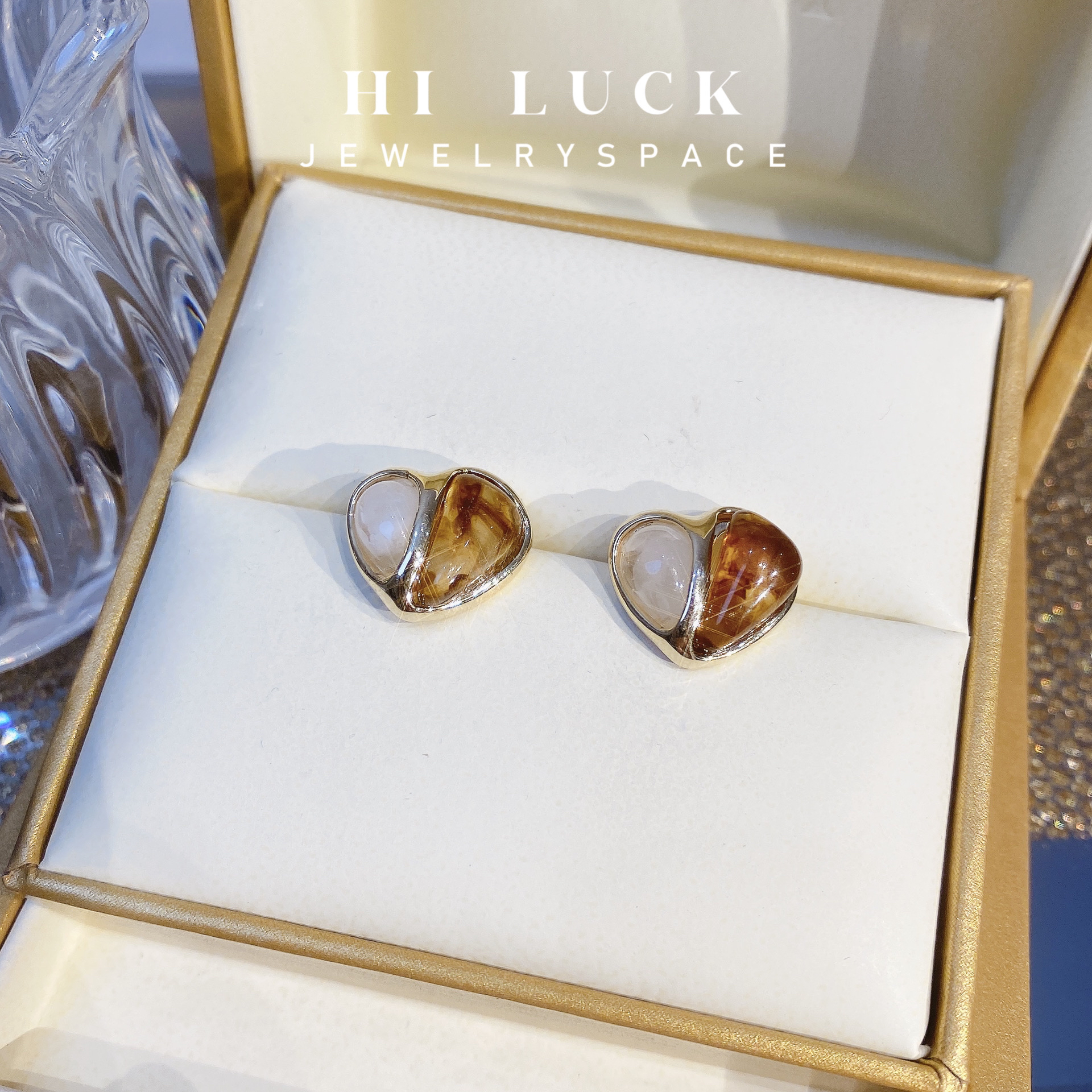 铜合金耳饰 Hiluck甜美时尚气质焦糖色爱心拼接耳环美拉德耳饰！