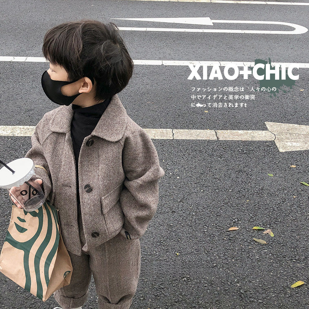 韩国童装2023秋冬新品儿童呢大衣裤子套装男女童英伦风休闲两件套