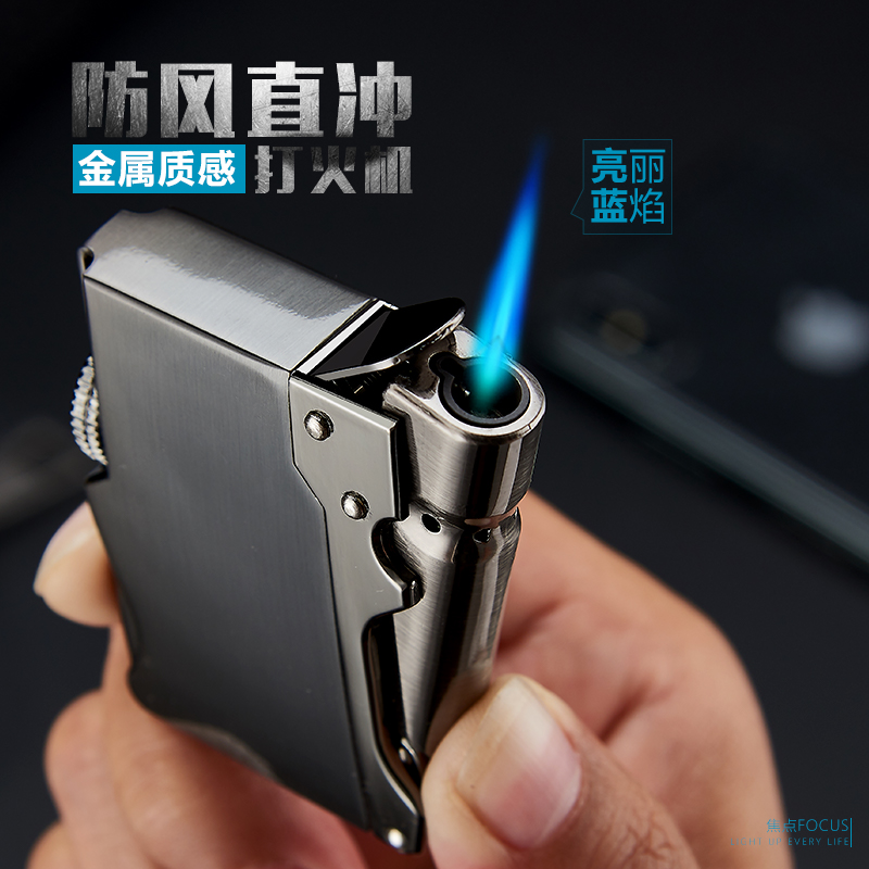 防风打火机充气蓝焰直冲创意个性金属男士点烟器定制银色送男朋友