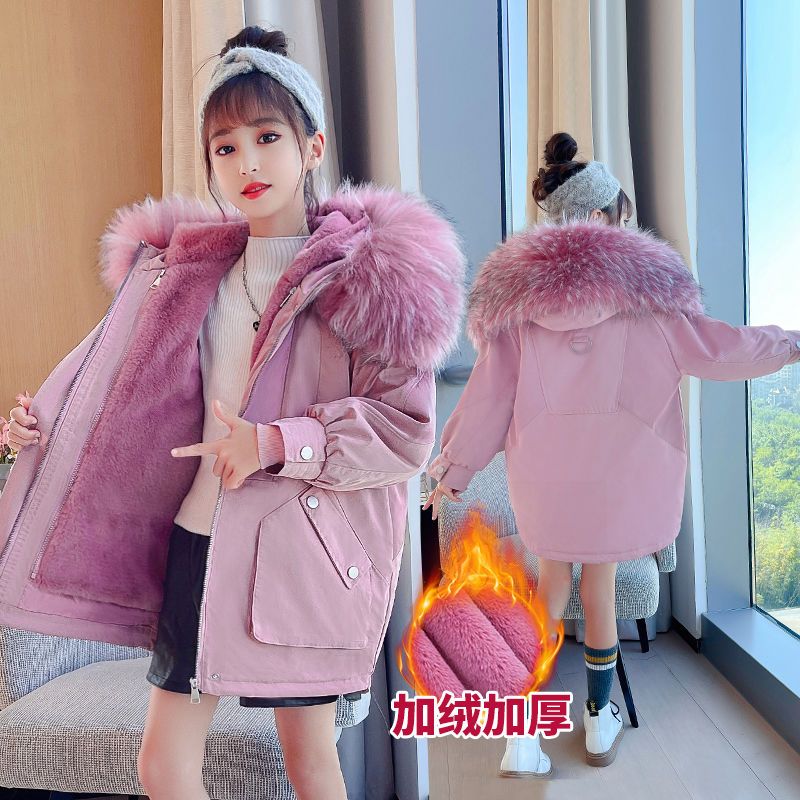 女童衣派克服冬装中长款5-中大儿童女孩可拆卸内胆二合一衣