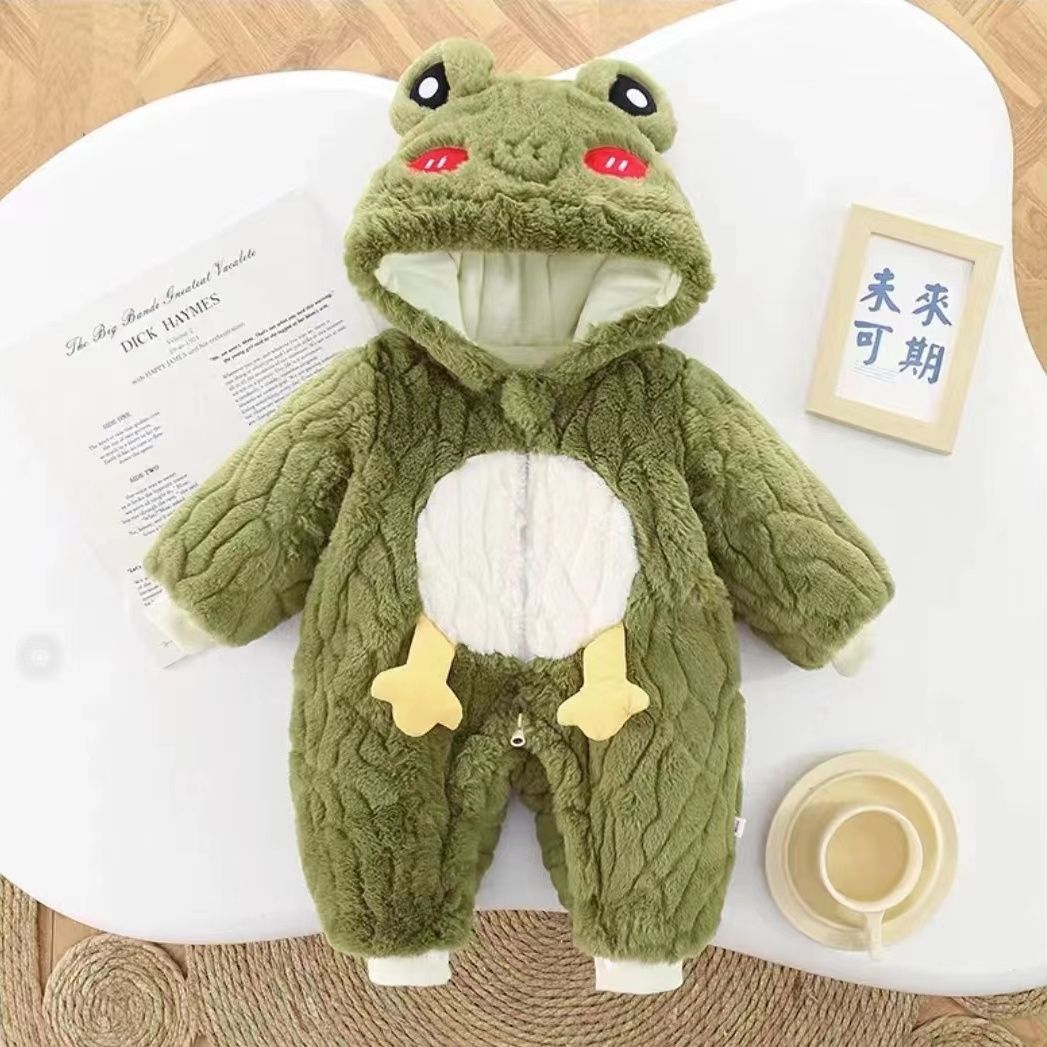 宝宝连体衣加厚保暖连帽青蛙爬爬服加绒毛毛衣冬季新款可爱外穿服