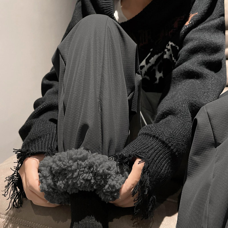 纯黑色灯芯绒裤子男冬季加厚羊羔绒卫裤直筒宽松保暖厚实休闲长裤
