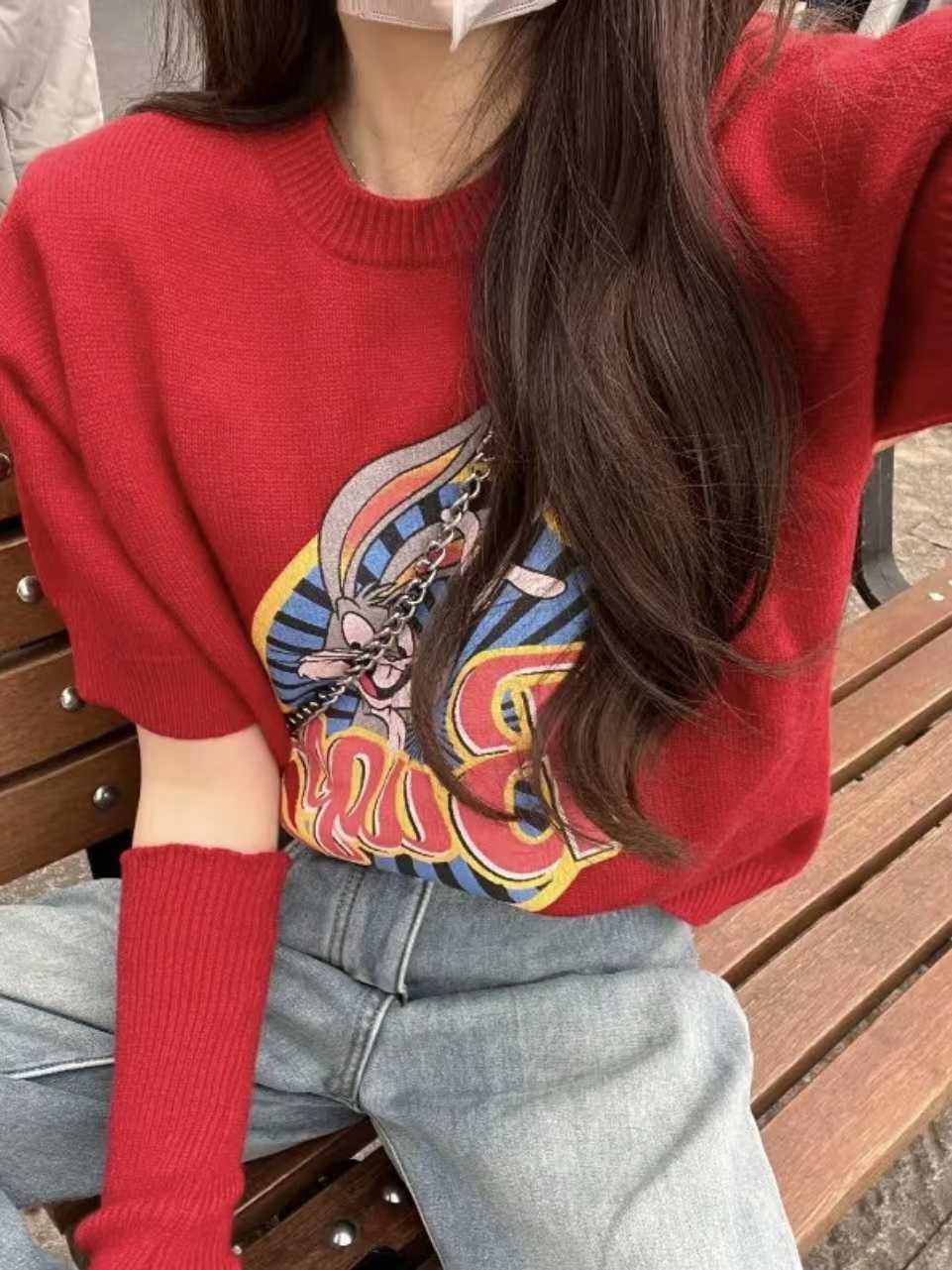 【浅浅专属】新年氛围感卡通兔子袖套红色毛衣女秋冬短袖针织衫