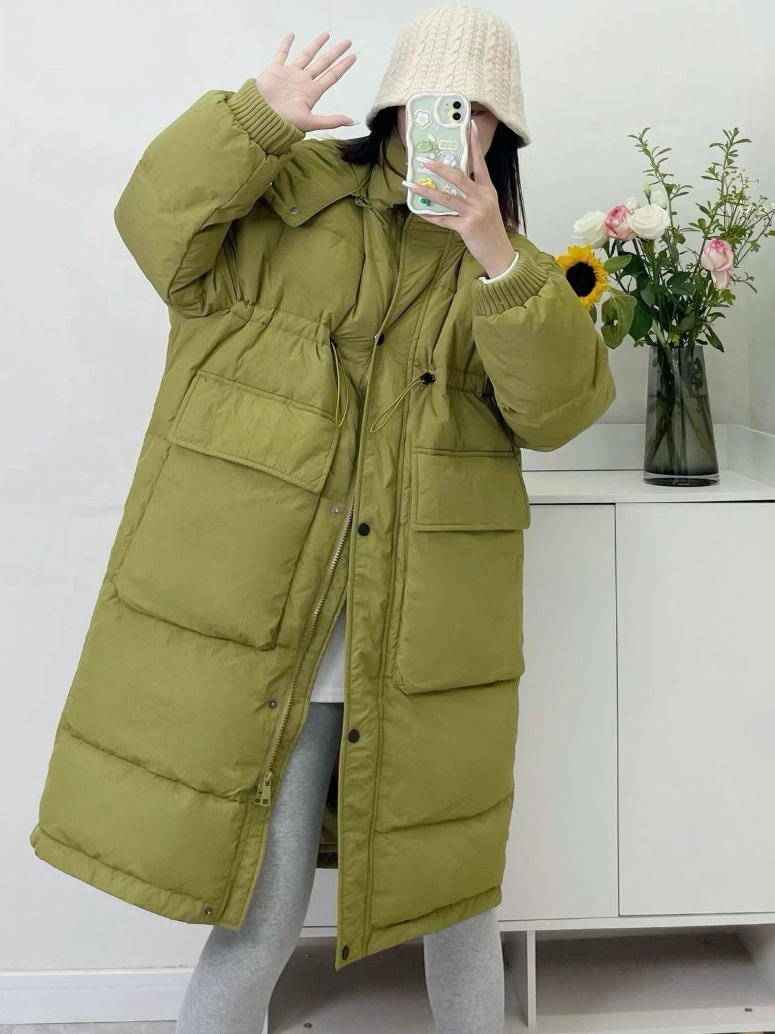 过年战袍2024新款羽绒服女中长款韩版宽松过膝连帽大口袋白鸭绒加