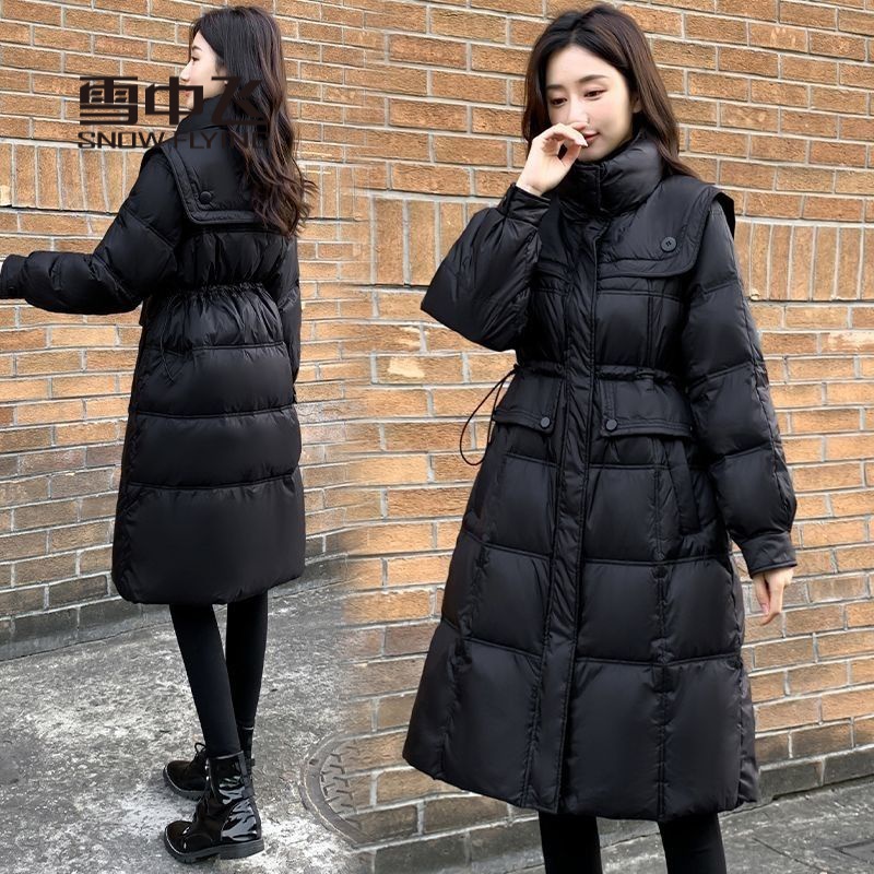 雪中飞羽绒服2023新款服女中长款修身收腰海军立领黑色棉显瘦加厚