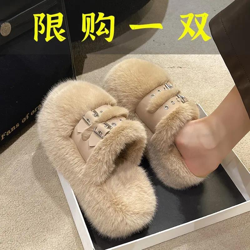 红蜻蜓牌小个子毛毛拖鞋女2023年秋冬新款厚底增高保暖皮带扣外