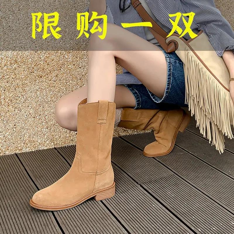 红蜻蜓牌真皮圆头西部显瘦牛仔靴女2023新款磨砂复古英伦风短靴