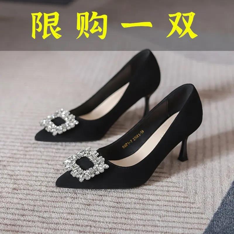 红蜻蜓牌真皮上档次不累脚高跟鞋2023爆款洋气黑色职业工作鞋新