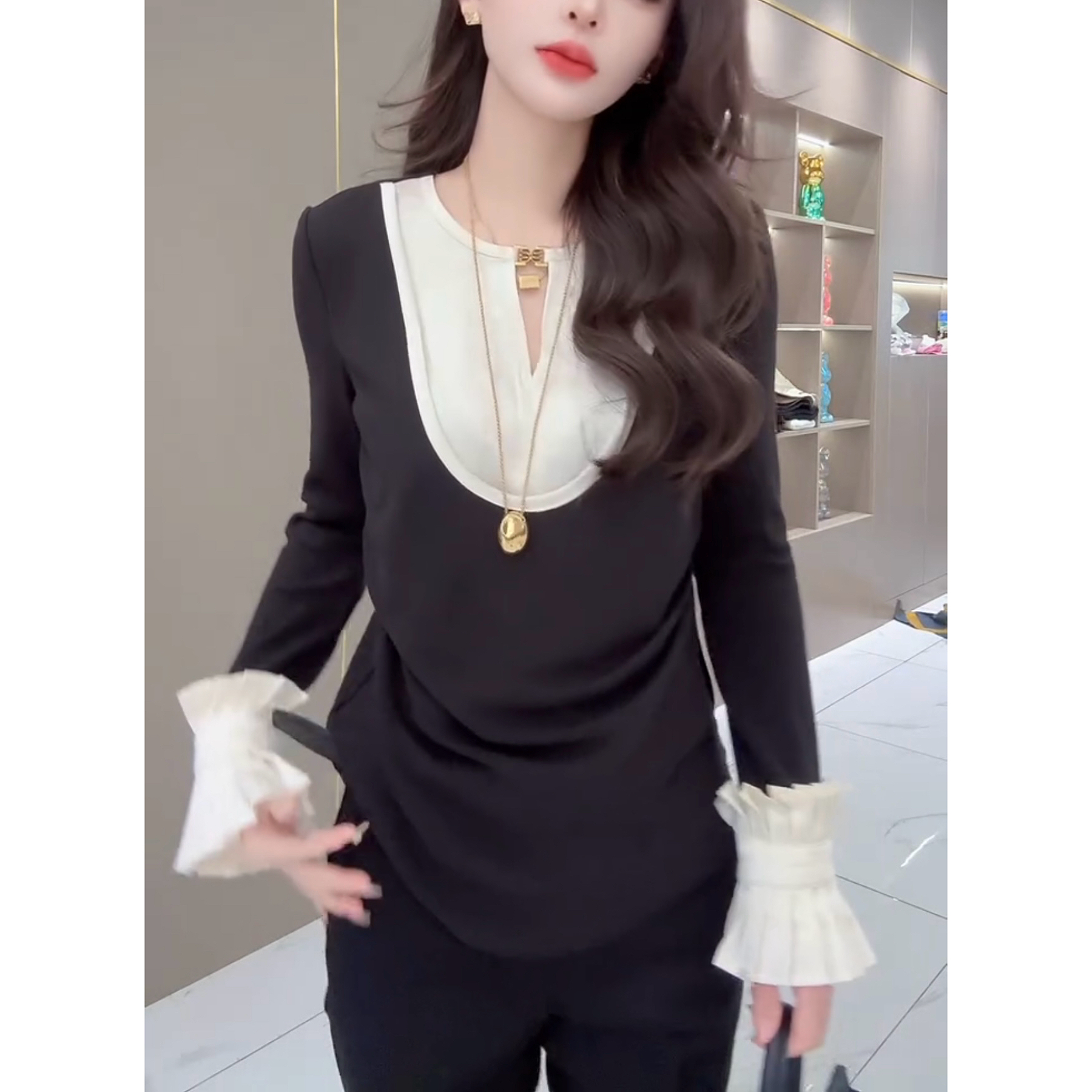 假两件优雅气质女人高级设计师花瓣灯笼袖打底上衣