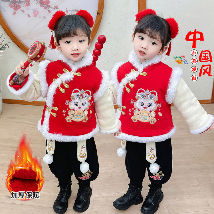 女童拜年服冬季女宝宝中国风龙年新年套装2024新款儿红色加绒加厚