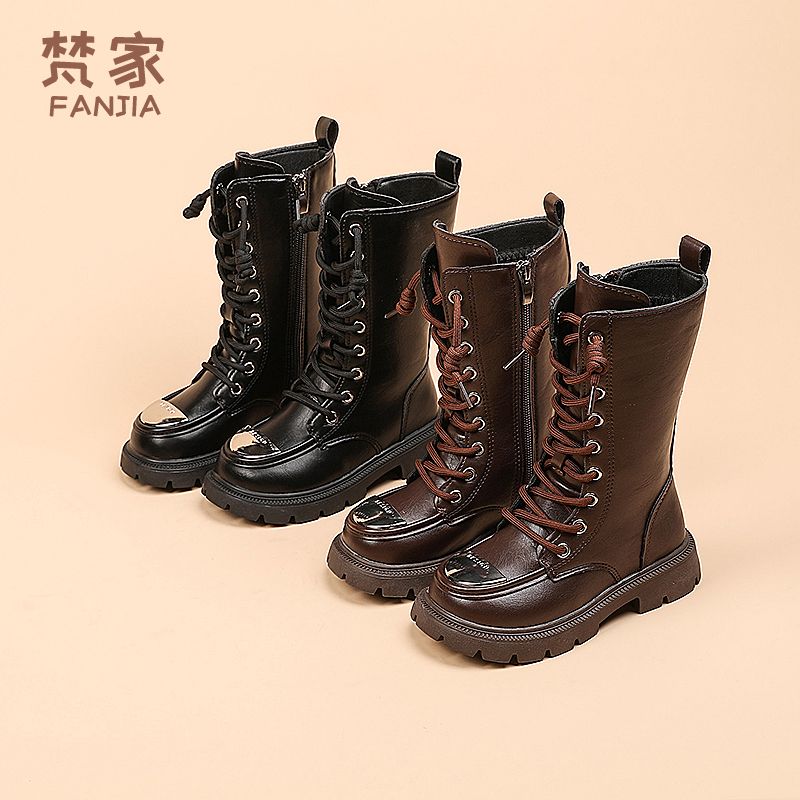 女童英伦风高筒靴加绒保暖皮靴2023冬季新款女孩子百搭走秀时装靴