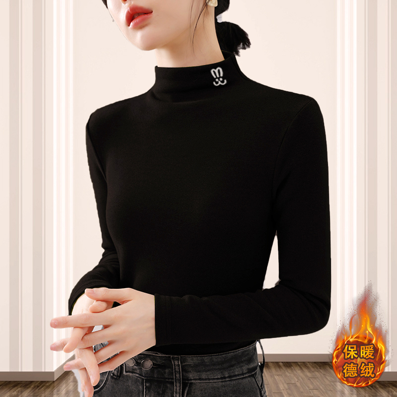 双面德绒保暖打底衫秋冬季加绒加厚半高领修身刺绣百搭长袖t恤女