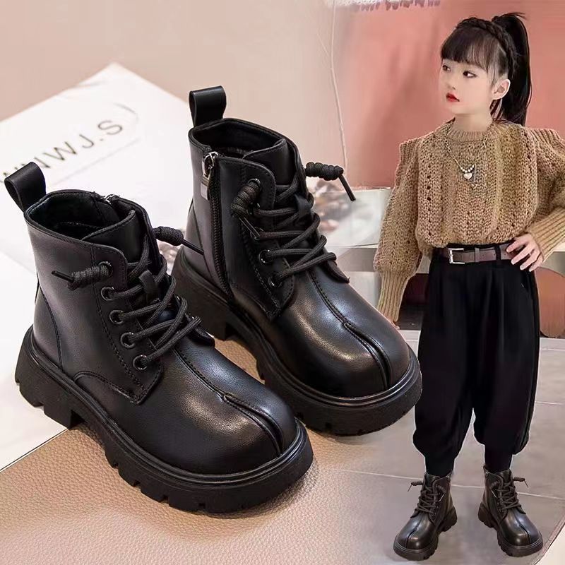 男童黑色马丁靴2023新款儿童皮春秋款女款棉鞋短靴女童走秀靴子a