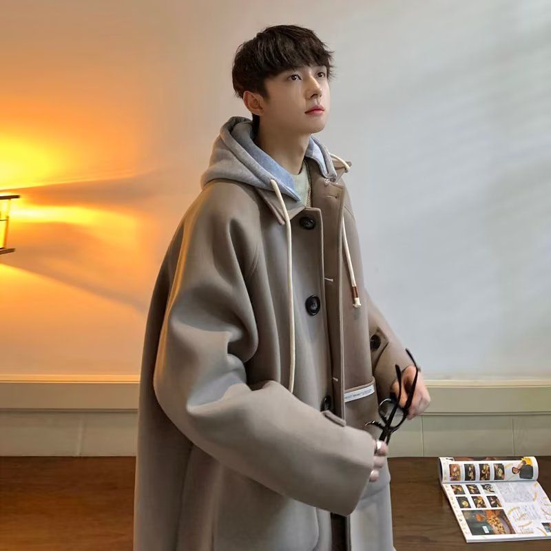 中长款连帽毛呢大衣男士秋冬韩版潮牌百搭外套宽松青少年风衣外套