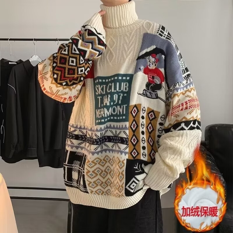 圣诞节毛衣男冬季加绒加厚保暖针织衫ins港风宽松潮流情侣装线衣