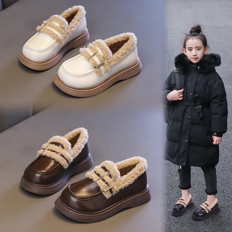 女童棉鞋公主加绒加厚皮鞋2023冬季新款女孩保暖豆豆鞋宝宝毛毛鞋