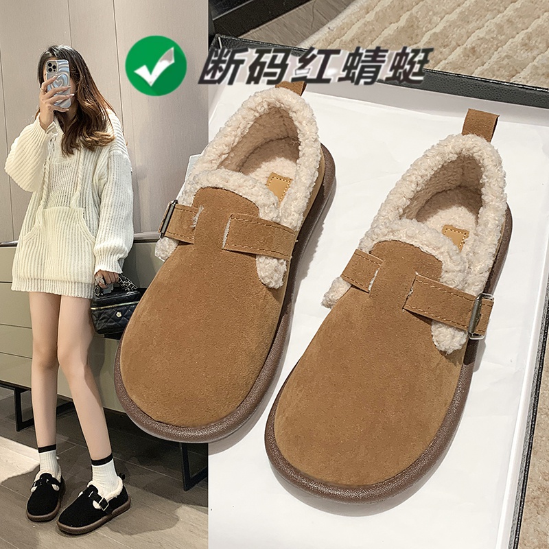 红蜻蜓牌毛毛鞋女2023年秋冬季新款百搭一脚蹬加绒保暖棉鞋外穿防