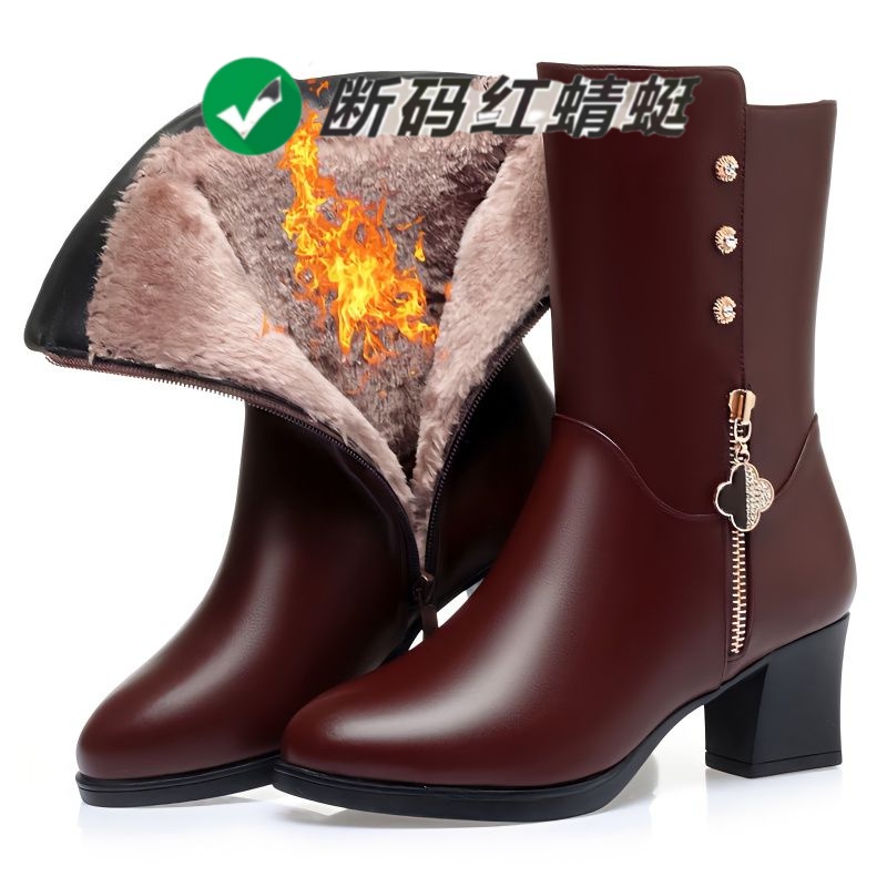 红蜻蜓牌2023年冬季新款真软皮妈妈女靴中跟加绒保暖中筒靴中老年